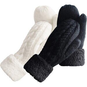 Women's White+black Winter Warm Imported Fleece Lining Wool Knit Thick Gloves